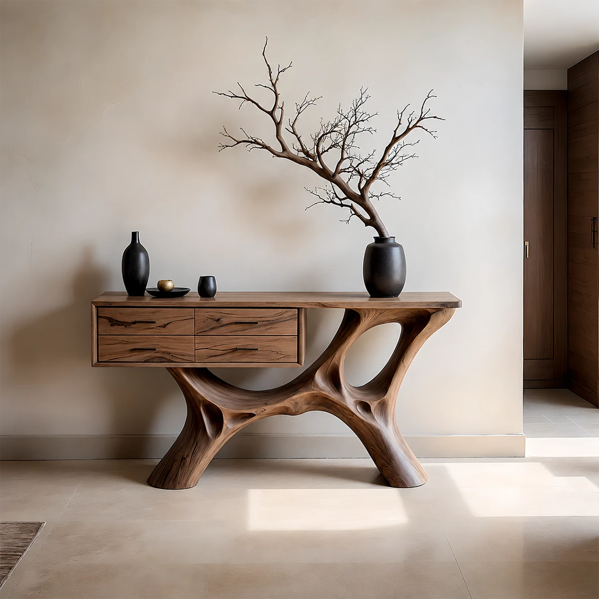 Modern Natural Wood Console Table with Drawers and Sculptural Base Design - ArborisWood - 11