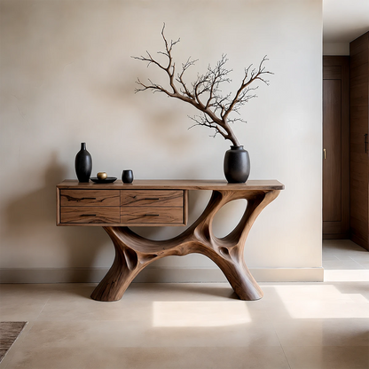 Modern Natural Wood Console Table with Drawers and Sculptural Base Design - ArborisWood - 11