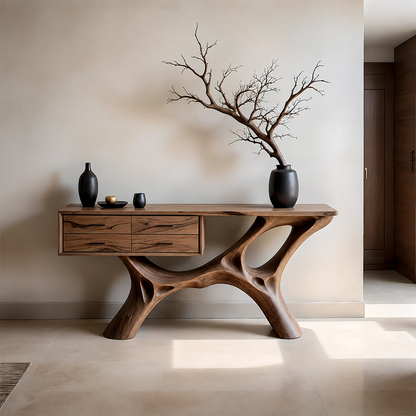 Modern Natural Wood Console Table with Drawers and Sculptural Base Design - ArborisWood - 12