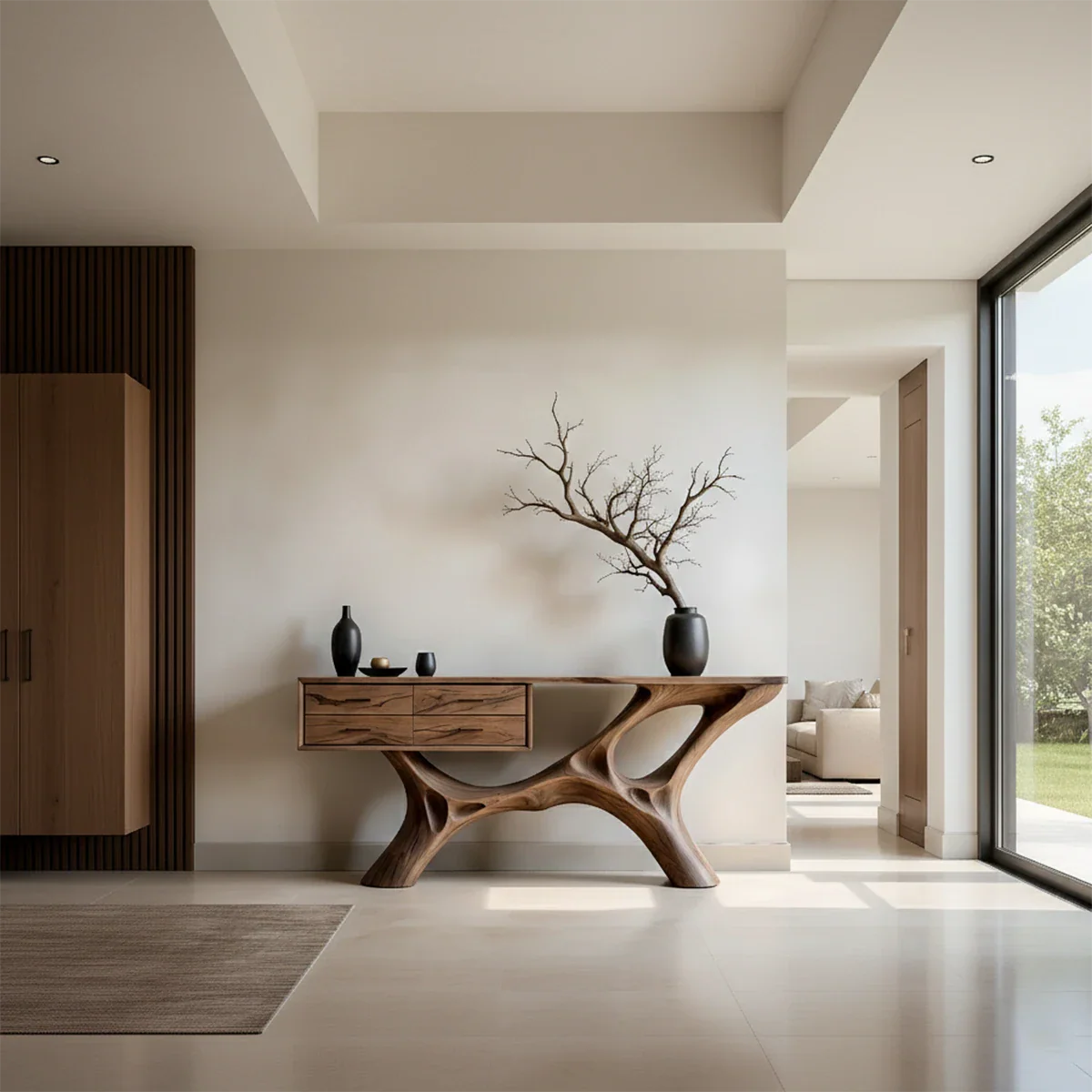 Modern Natural Wood Console Table with Drawers and Sculptural Base Design - ArborisWood - 2