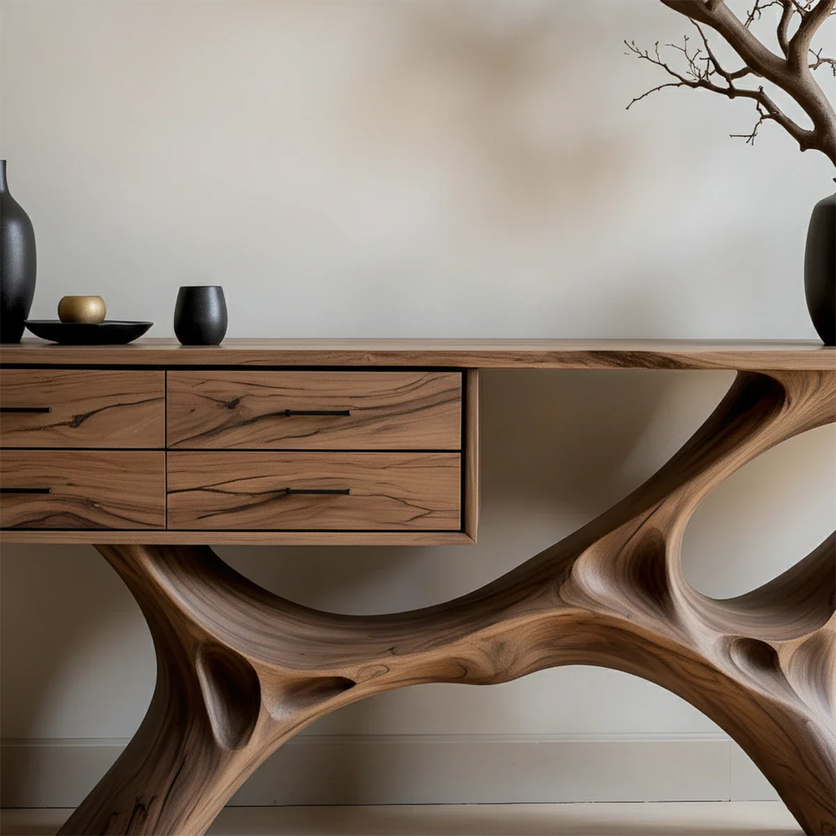 Modern Natural Wood Console Table with Drawers and Sculptural Base Design - ArborisWood - 3