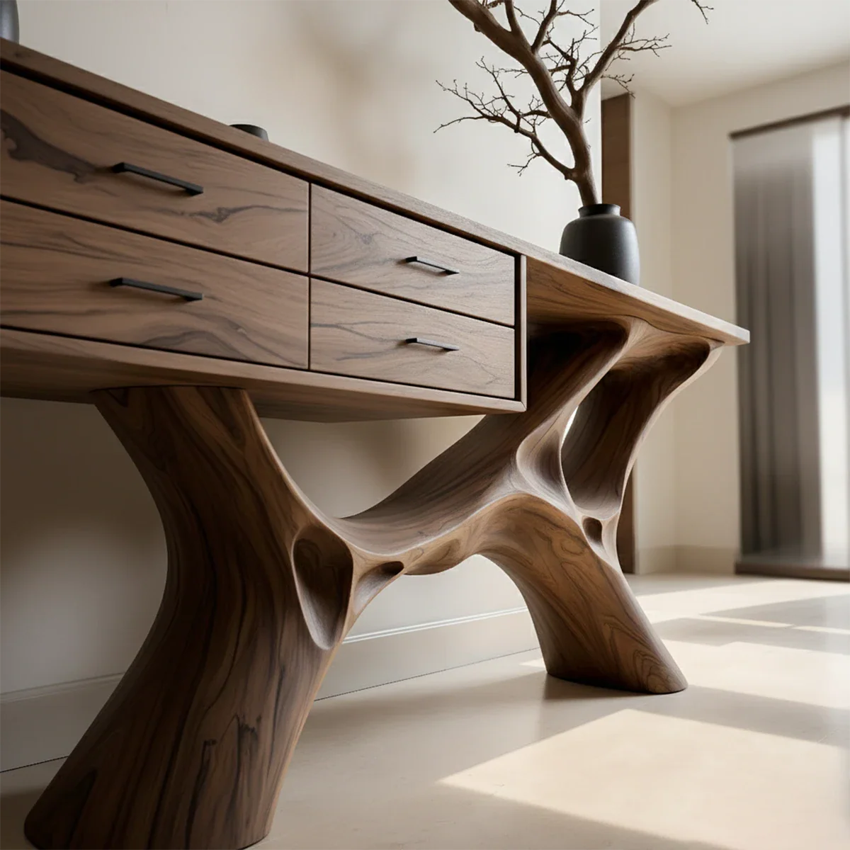 Modern Natural Wood Console Table with Drawers and Sculptural Base Design - ArborisWood - 4
