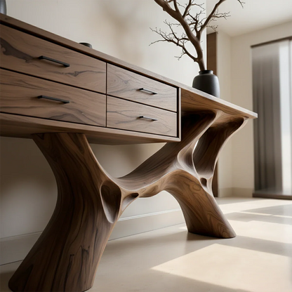 Modern Natural Wood Console Table with Drawers and Sculptural Base Design - ArborisWood - 4