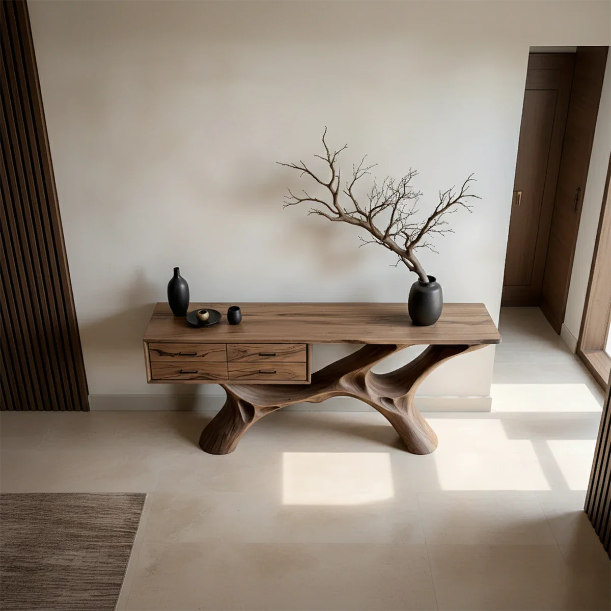 Modern Natural Wood Console Table with Drawers and Sculptural Base Design - ArborisWood - 5