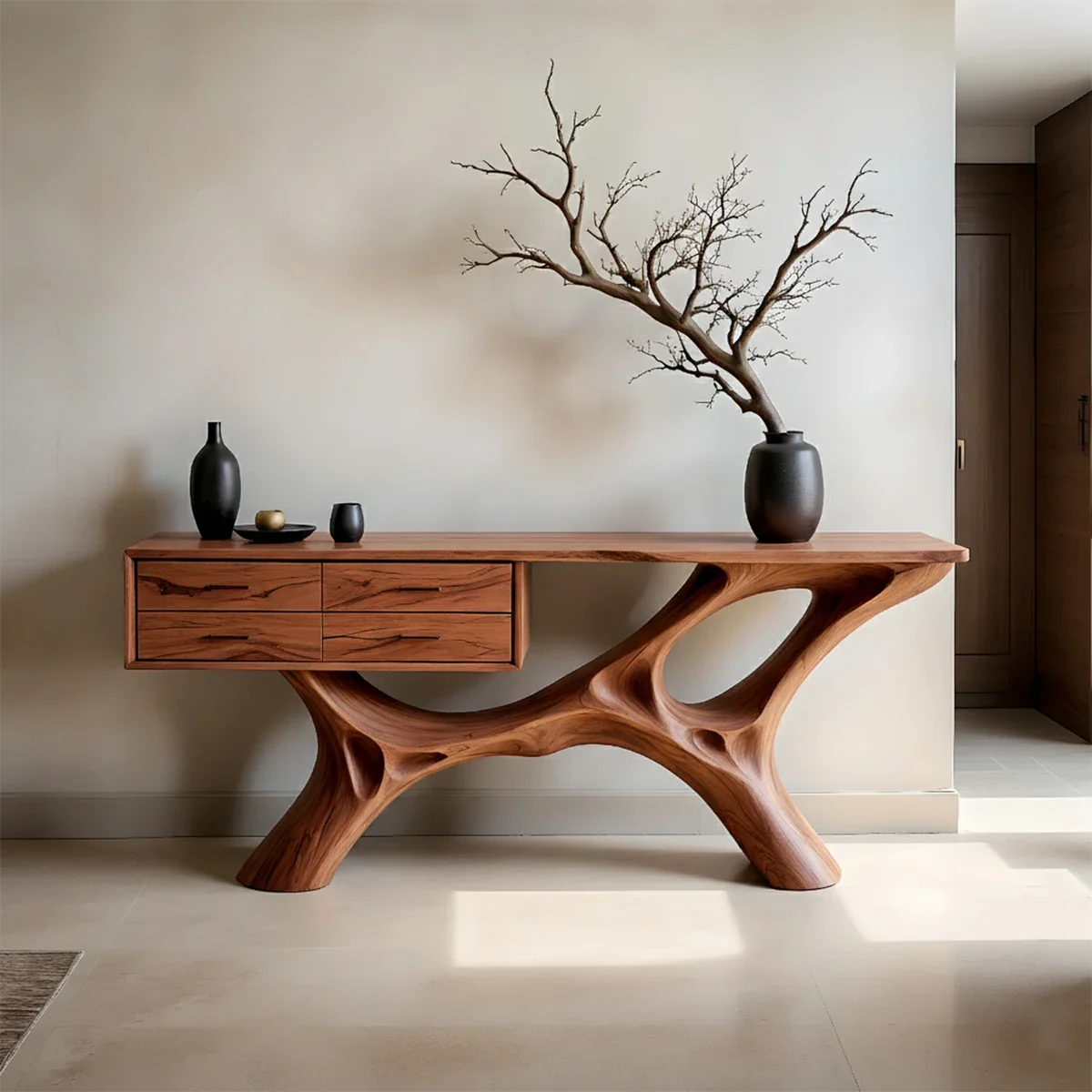 Modern Natural Wood Console Table with Drawers and Sculptural Base Design - ArborisWood - 6
