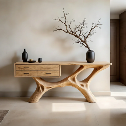 Modern Natural Wood Console Table with Drawers and Sculptural Base Design - ArborisWood - 7