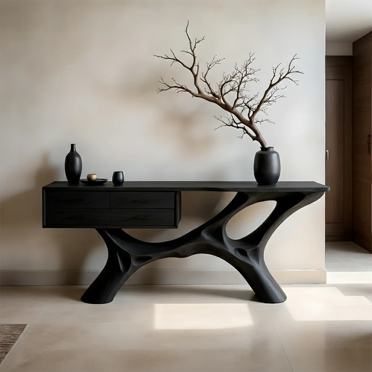Modern Natural Wood Console Table with Drawers and Sculptural Base Design - ArborisWood - 8