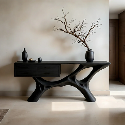Modern Natural Wood Console Table with Drawers and Sculptural Base Design - ArborisWood - 8