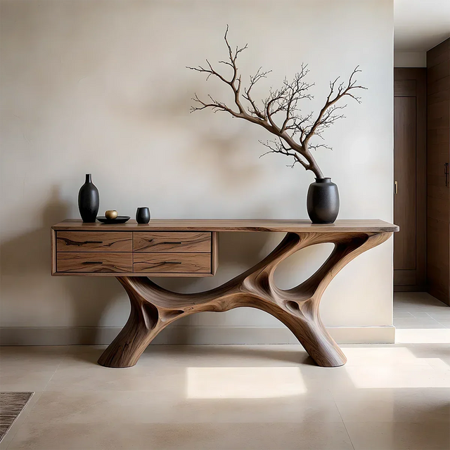 Modern Natural Wood Console Table with Drawers and Sculptural Base Design - Arboriswood