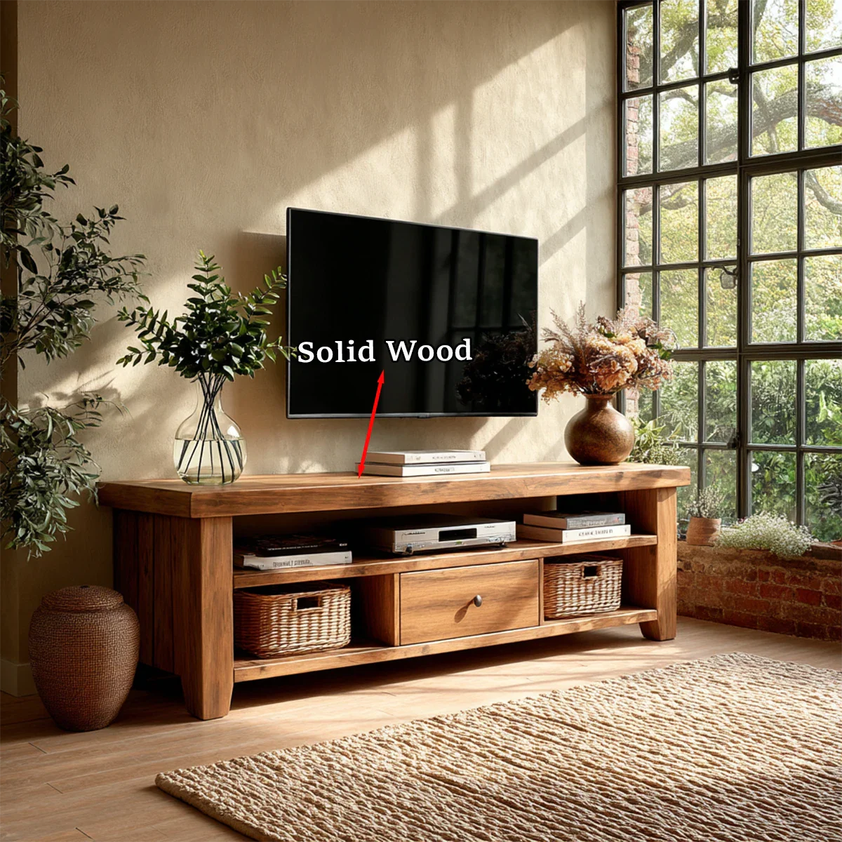 Modern Natural Wood TV Stand with Center Drawer and Open Storage Shelves for Living Room - ArborisWood - 10