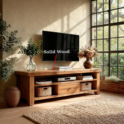 Modern Natural Wood TV Stand with Center Drawer and Open Storage Shelves for Living Room - ArborisWood - 10