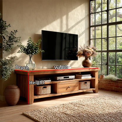 Modern Natural Wood TV Stand with Center Drawer and Open Storage Shelves for Living Room - ArborisWood - 11