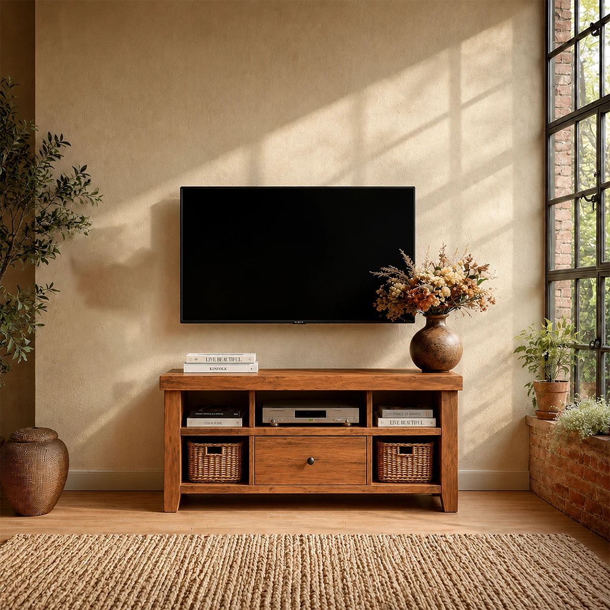 Modern Natural Wood TV Stand with Center Drawer and Open Storage Shelves for Living Room - ArborisWood - 12