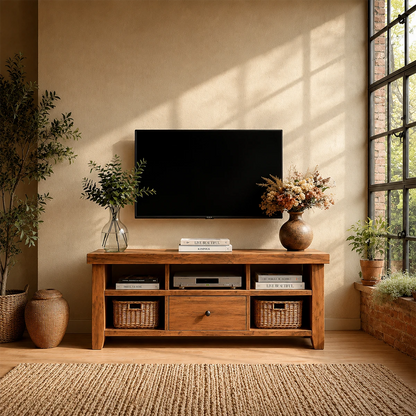 Modern Natural Wood TV Stand with Center Drawer and Open Storage Shelves for Living Room - ArborisWood - 13