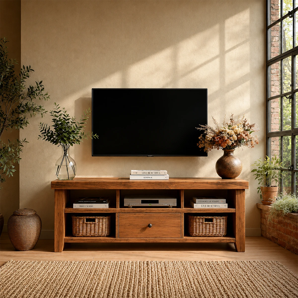 Modern Natural Wood TV Stand with Center Drawer and Open Storage Shelves for Living Room - ArborisWood - 14