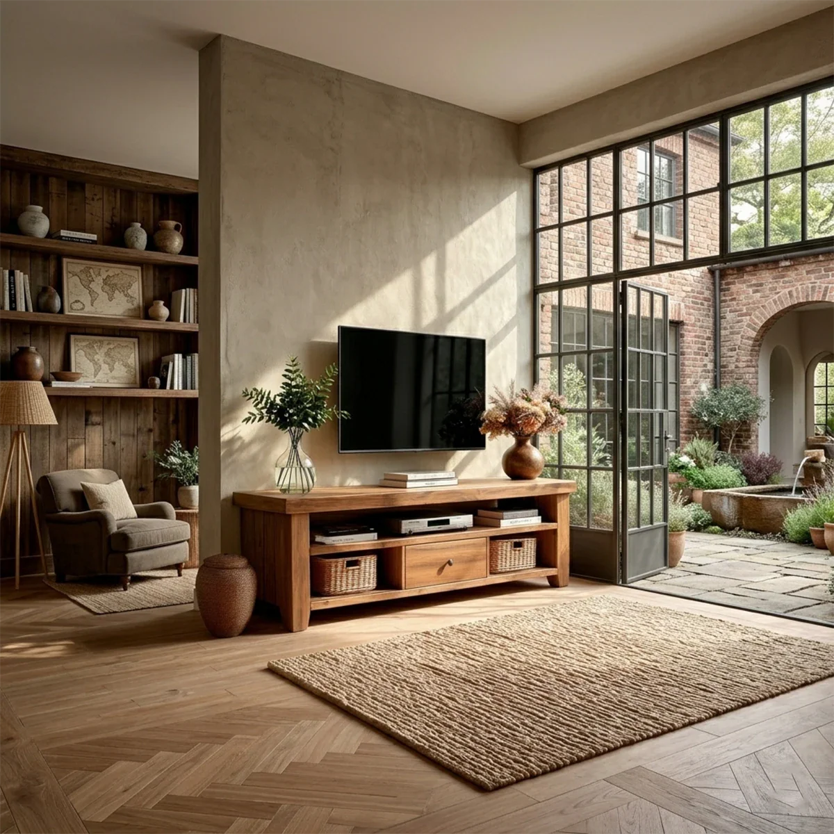Modern Natural Wood TV Stand with Center Drawer and Open Storage Shelves for Living Room - ArborisWood - 2