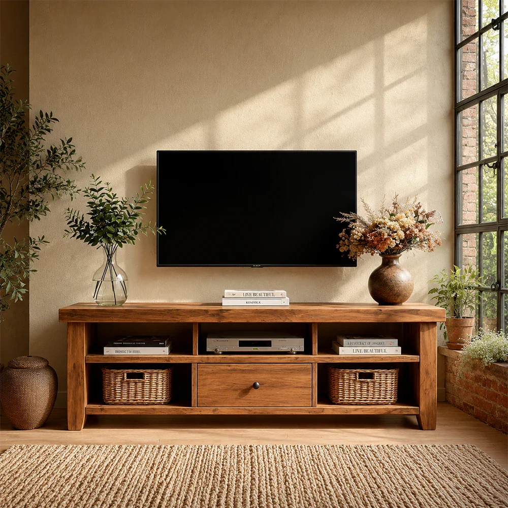 Modern Natural Wood TV Stand with Center Drawer and Open Storage Shelves for Living Room - ArborisWood - 3