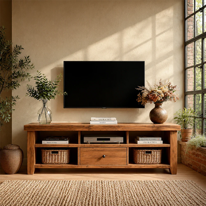 Modern Natural Wood TV Stand with Center Drawer and Open Storage Shelves for Living Room - ArborisWood - 3