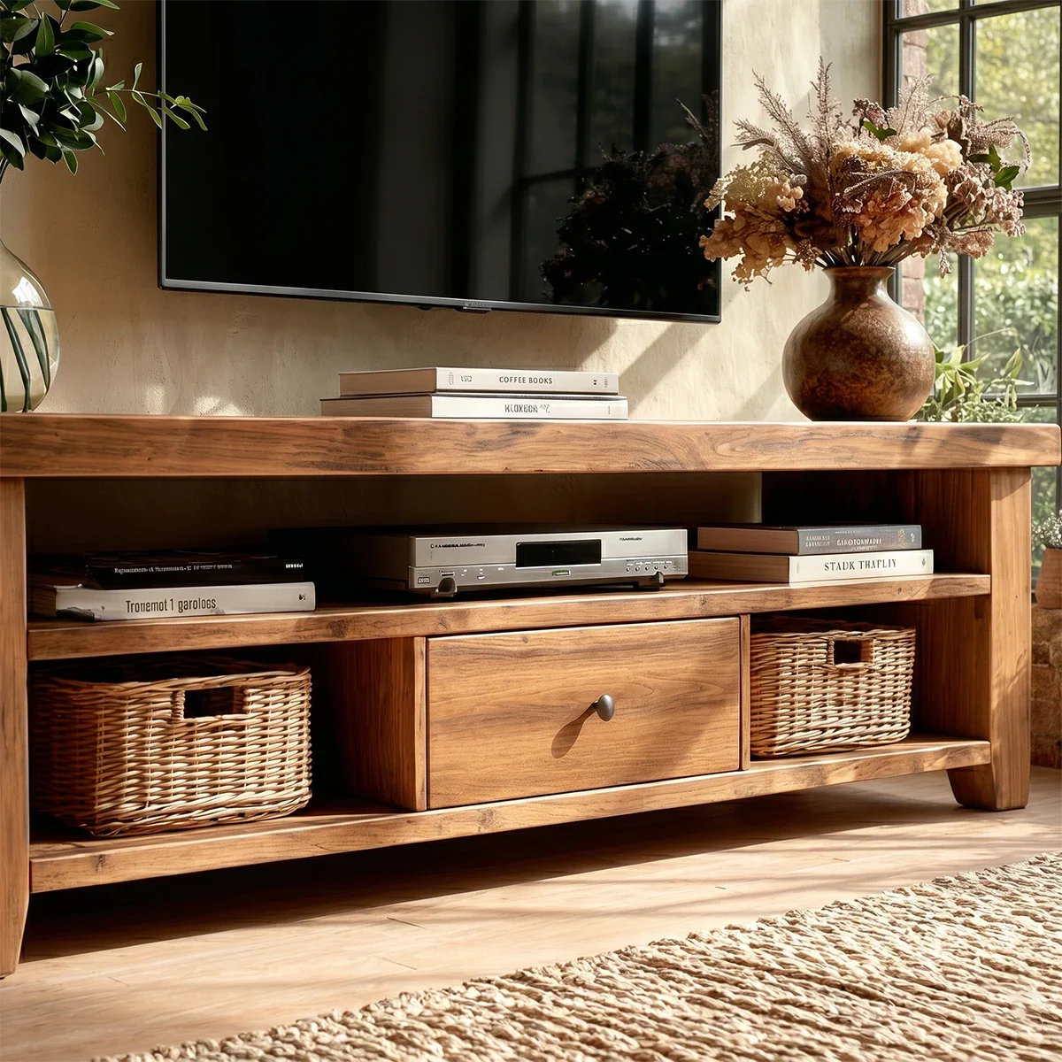 Modern Natural Wood TV Stand with Center Drawer and Open Storage Shelves for Living Room - ArborisWood - 4