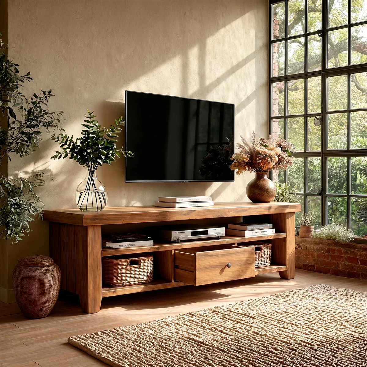 Modern Natural Wood TV Stand with Center Drawer and Open Storage Shelves for Living Room - ArborisWood - 5