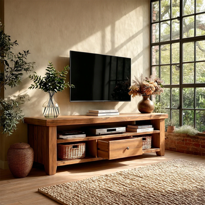 Modern Natural Wood TV Stand with Center Drawer and Open Storage Shelves for Living Room - ArborisWood - 5