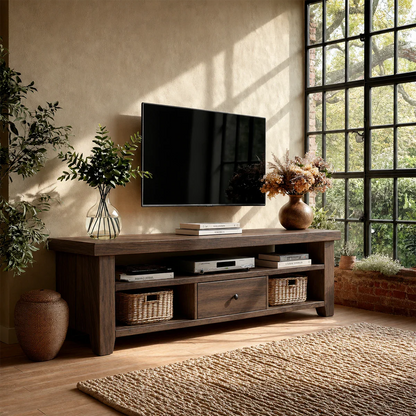 Modern Natural Wood TV Stand with Center Drawer and Open Storage Shelves for Living Room - ArborisWood - 7