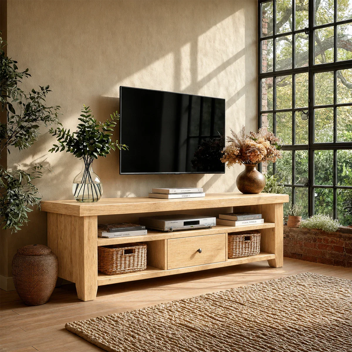 Modern Natural Wood TV Stand with Center Drawer and Open Storage Shelves for Living Room - ArborisWood - 8