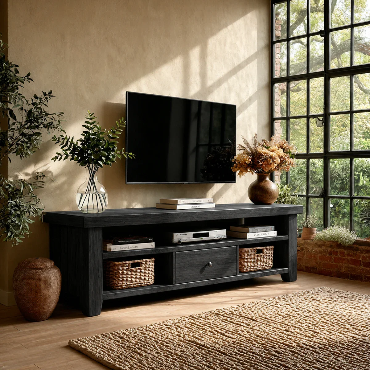 Modern Natural Wood TV Stand with Center Drawer and Open Storage Shelves for Living Room - ArborisWood - 9