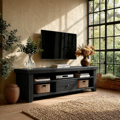 Modern Natural Wood TV Stand with Center Drawer and Open Storage Shelves for Living Room - ArborisWood - 9