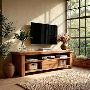 Modern Natural Wood TV Stand with Center Drawer and Open Storage Shelves for Living Room - ArborisWood