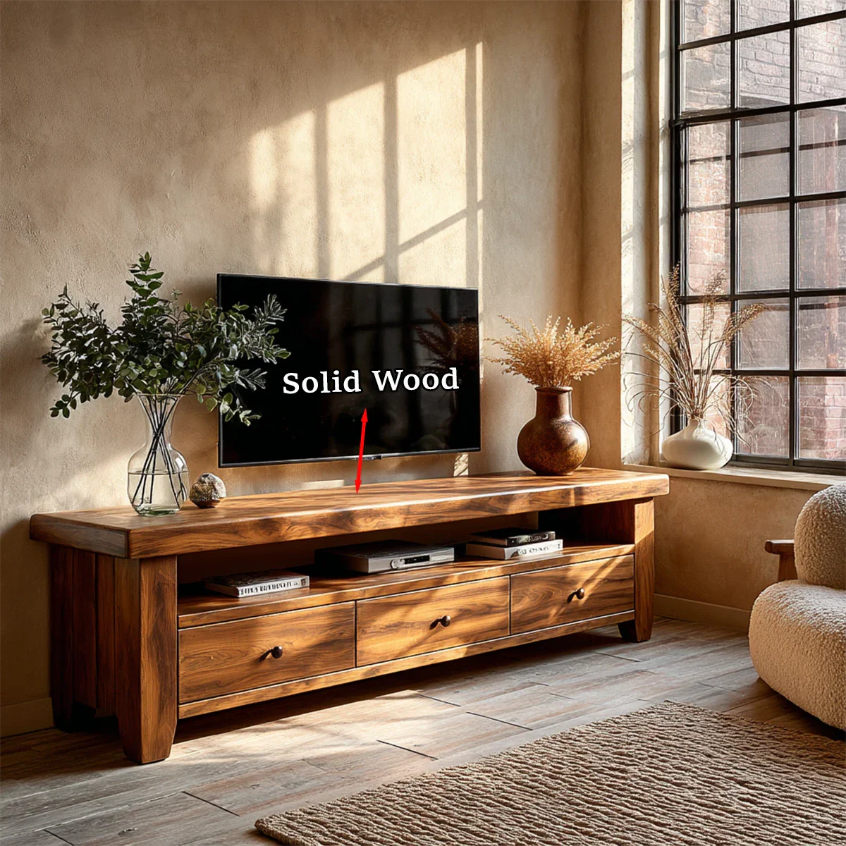 Modern Natural Wood TV Stand with Three Drawers and Open Shelf Storage for Living Room - ArborisWood - 10