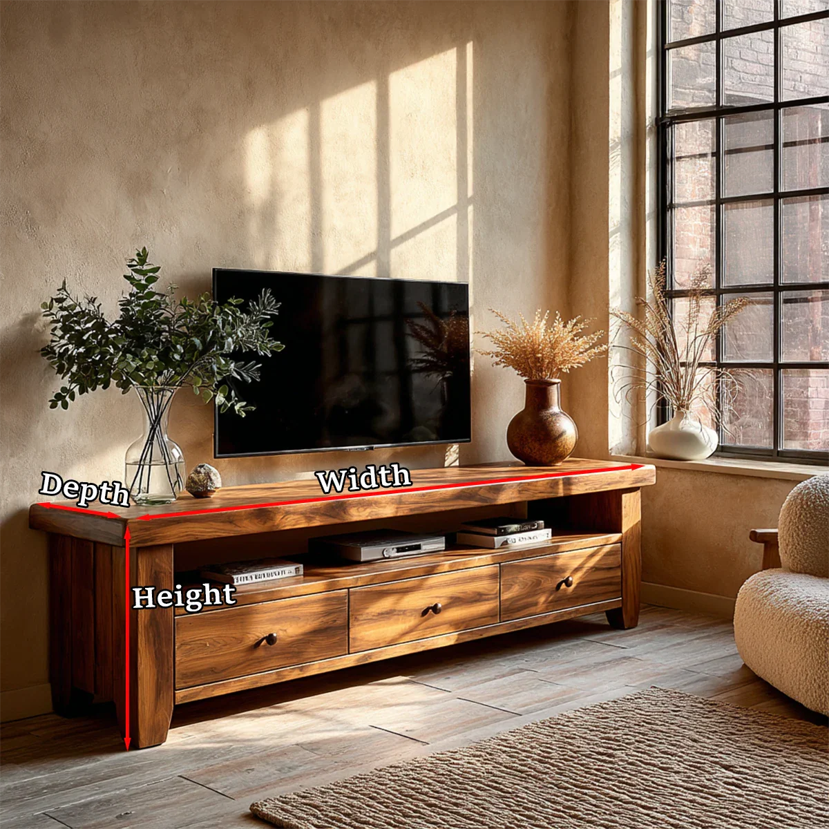 Modern Natural Wood TV Stand with Three Drawers and Open Shelf Storage for Living Room - ArborisWood - 11