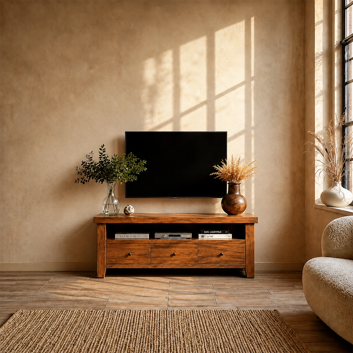 Modern Natural Wood TV Stand with Three Drawers and Open Shelf Storage for Living Room - ArborisWood - 12