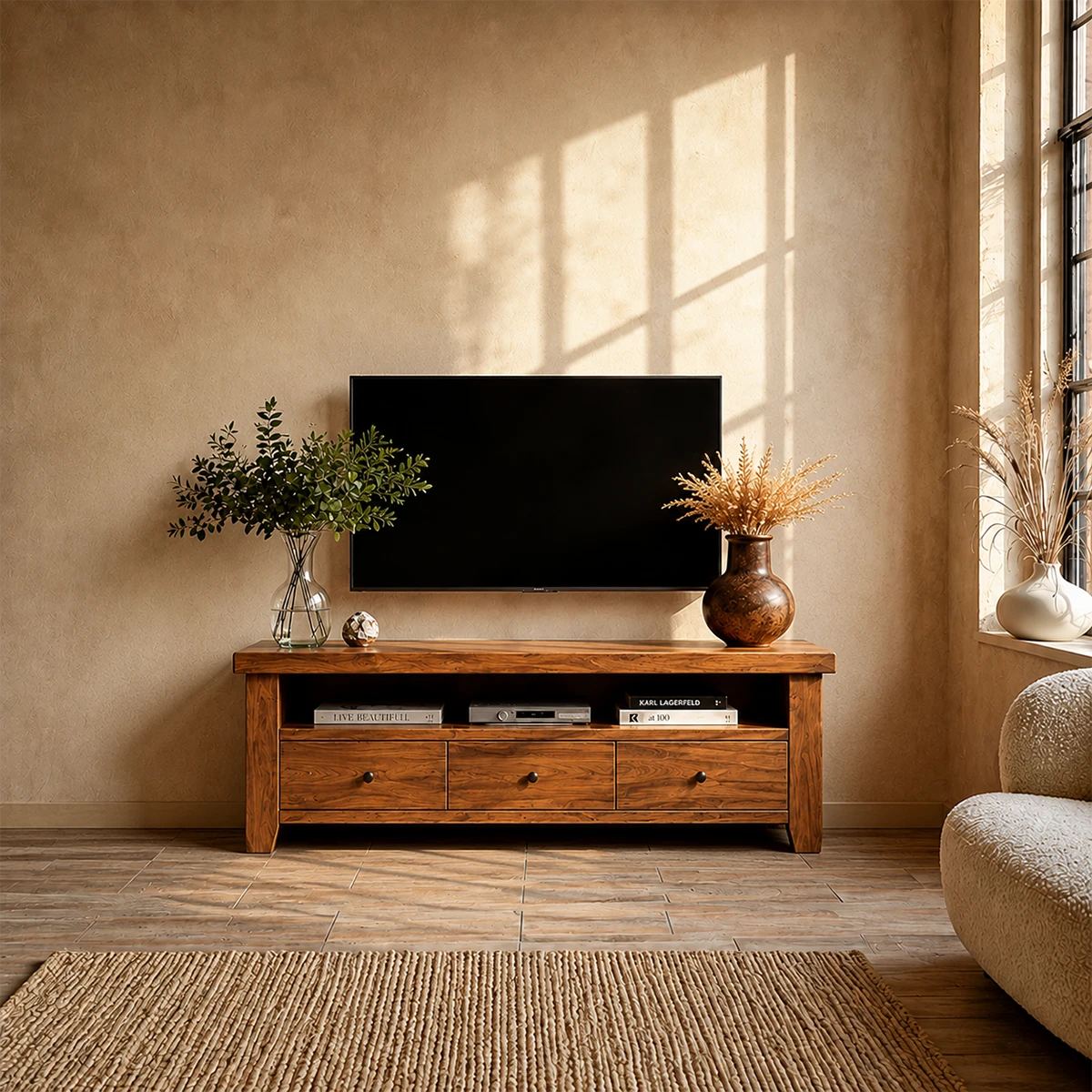Modern Natural Wood TV Stand with Three Drawers and Open Shelf Storage for Living Room - ArborisWood - 13
