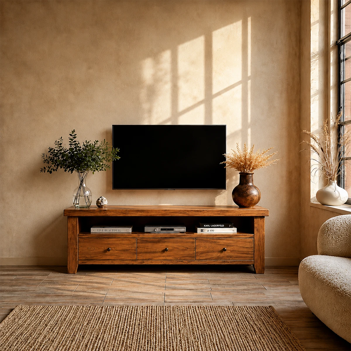 Modern Natural Wood TV Stand with Three Drawers and Open Shelf Storage for Living Room - ArborisWood - 14