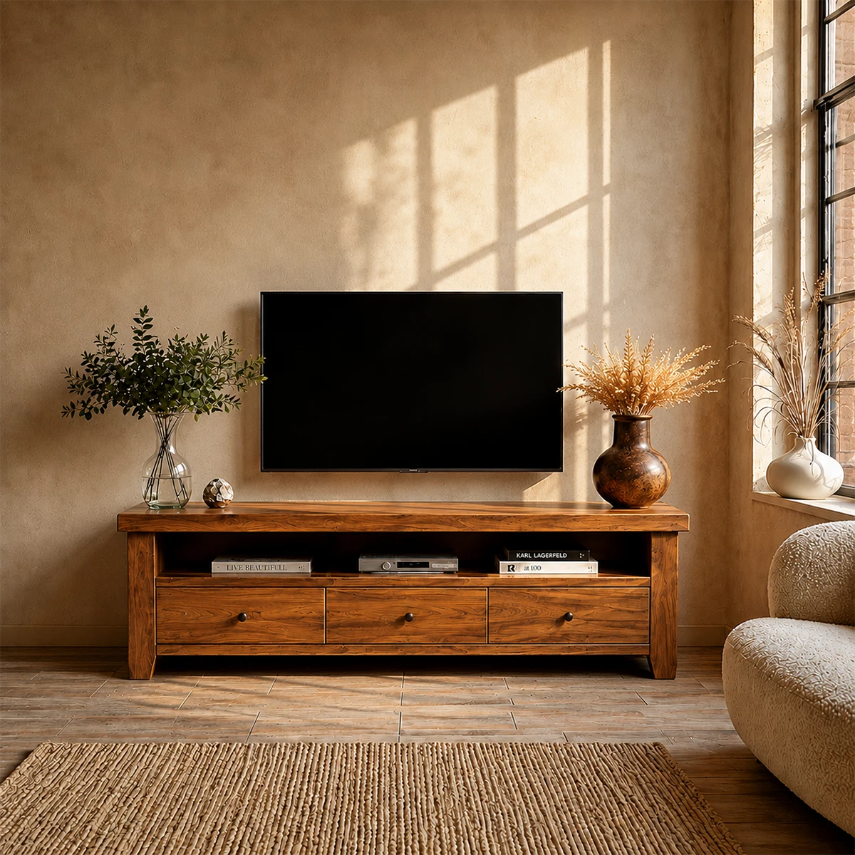 Modern Natural Wood TV Stand with Three Drawers and Open Shelf Storage for Living Room - ArborisWood - 15