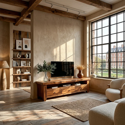 Modern Natural Wood TV Stand with Three Drawers and Open Shelf Storage for Living Room - ArborisWood - 2