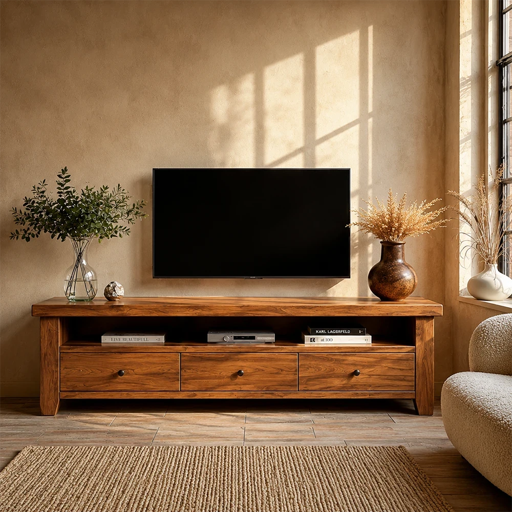 Modern Natural Wood TV Stand with Three Drawers and Open Shelf Storage for Living Room - ArborisWood - 3