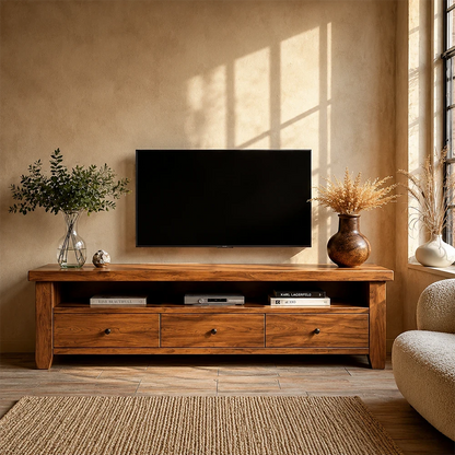Modern Natural Wood TV Stand with Three Drawers and Open Shelf Storage for Living Room - ArborisWood - 3