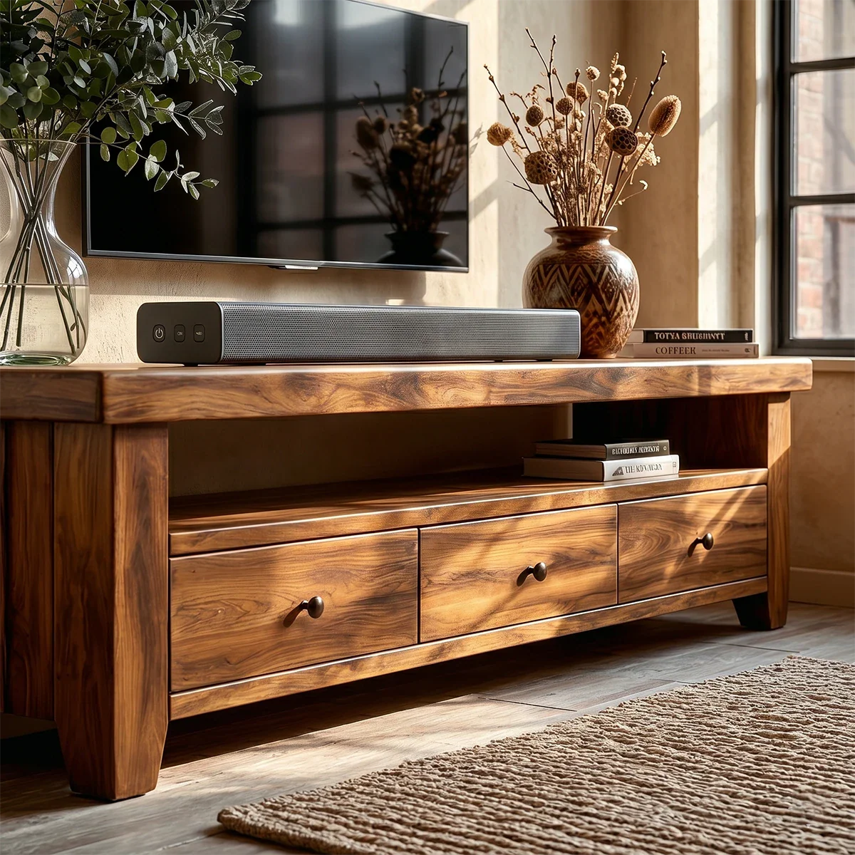 Modern Natural Wood TV Stand with Three Drawers and Open Shelf Storage for Living Room - ArborisWood - 4