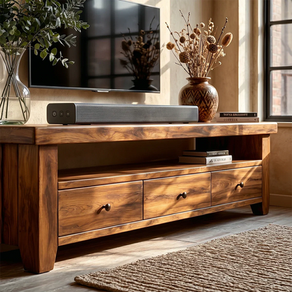 Modern Natural Wood TV Stand with Three Drawers and Open Shelf Storage for Living Room - ArborisWood - 4