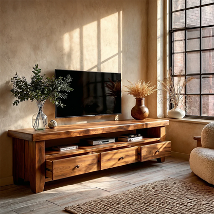 Modern Natural Wood TV Stand with Three Drawers and Open Shelf Storage for Living Room - ArborisWood - 5
