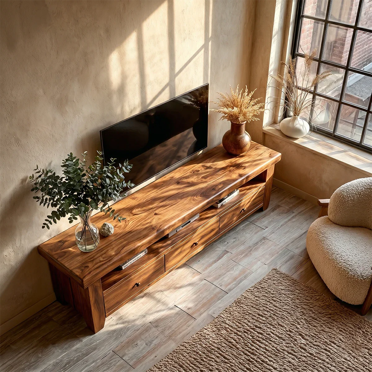 Modern Natural Wood TV Stand with Three Drawers and Open Shelf Storage for Living Room - ArborisWood - 6