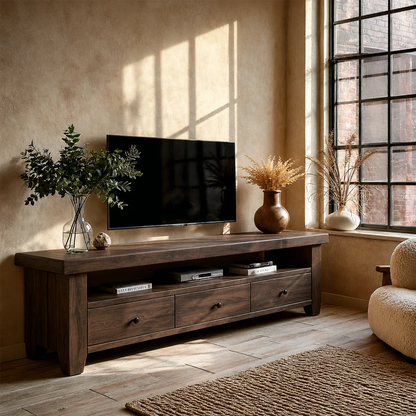 Modern Natural Wood TV Stand with Three Drawers and Open Shelf Storage for Living Room - ArborisWood - 7