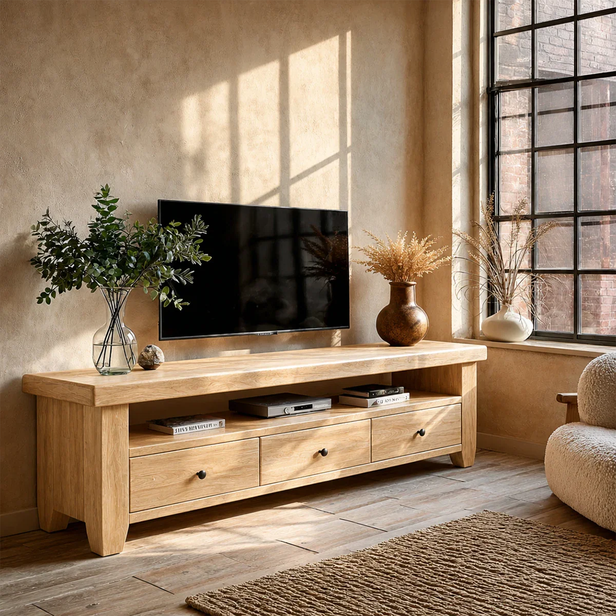 Modern Natural Wood TV Stand with Three Drawers and Open Shelf Storage for Living Room - ArborisWood - 8