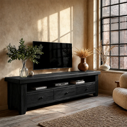 Modern Natural Wood TV Stand with Three Drawers and Open Shelf Storage for Living Room - ArborisWood - 9