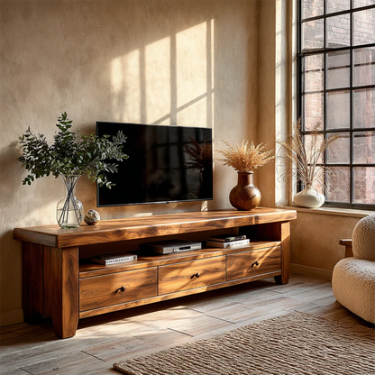 Modern Natural Wood TV Stand with Three Drawers and Open Shelf Storage for Living Room - ArborisWood
