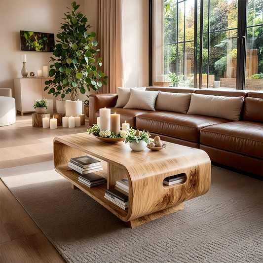 Oak finish coffee table with curved base and smooth top surface in a modern minimalist living space