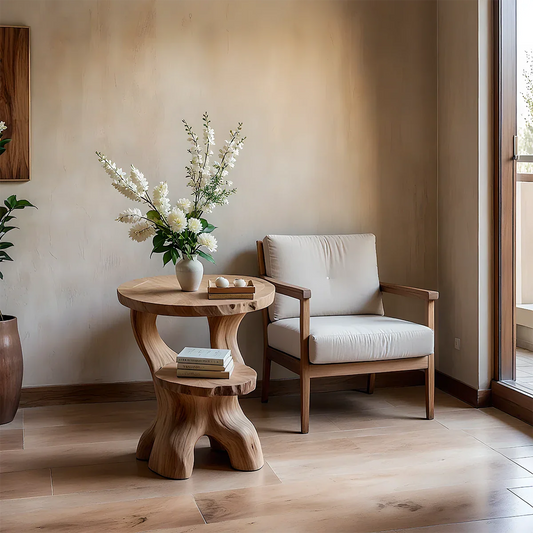 Oak tone end table with sculptural curved base and open shelf for a modern living room setting