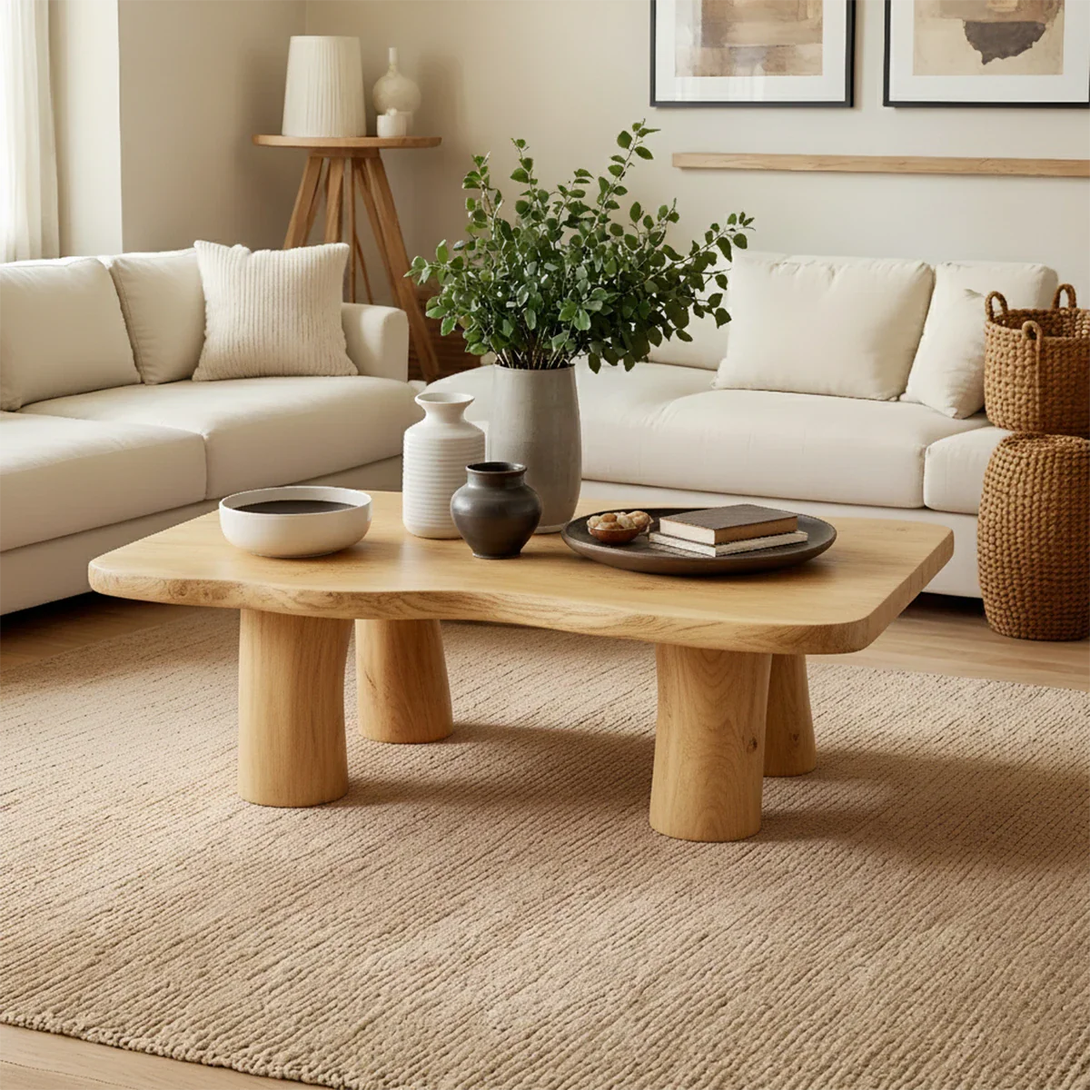 Modern Organic Coffee Table Natural Solid Wood Pillar Leg Design - ArborisWood - 6
